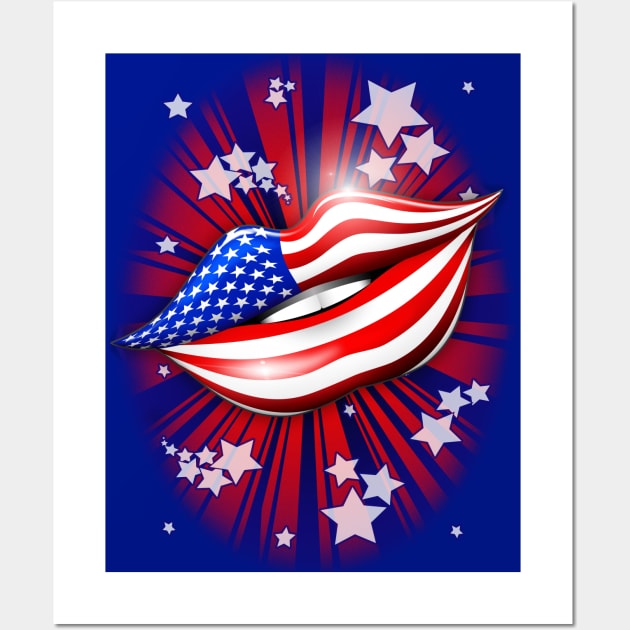 USA Flag Lipstick on Smiling Lips Wall Art by BluedarkArt